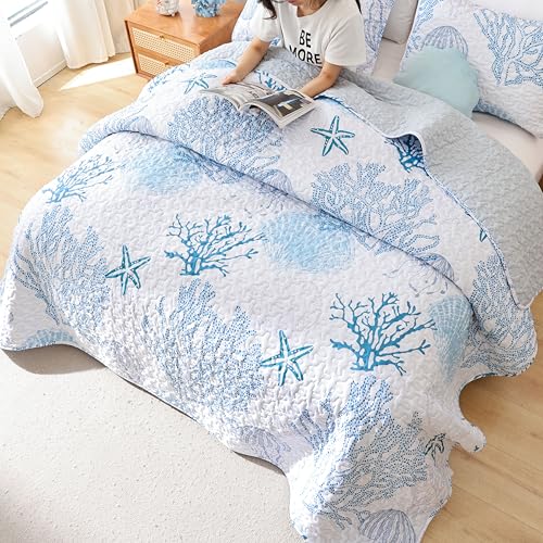 weigelia Coastal Quilts Bedding Set King Size - Blue Summer Nautical Bedding Quilt with Pillow Cases, Beach Reversible Quilt Set Bedspreads Coverlet Soft Lightweight Comforter weigelia