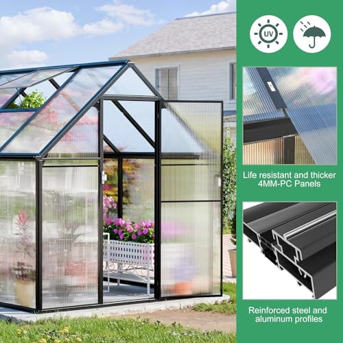 Polycarbonate Greenhouse, 8.2x6.2 FT Easy Assembly Aluminum Heavy Duty Greenhouses for Outdoors w/ Window, Swing Door, Walk-in Green House for Sunroom,Outside, Backyard, Garden, Black CDCASA