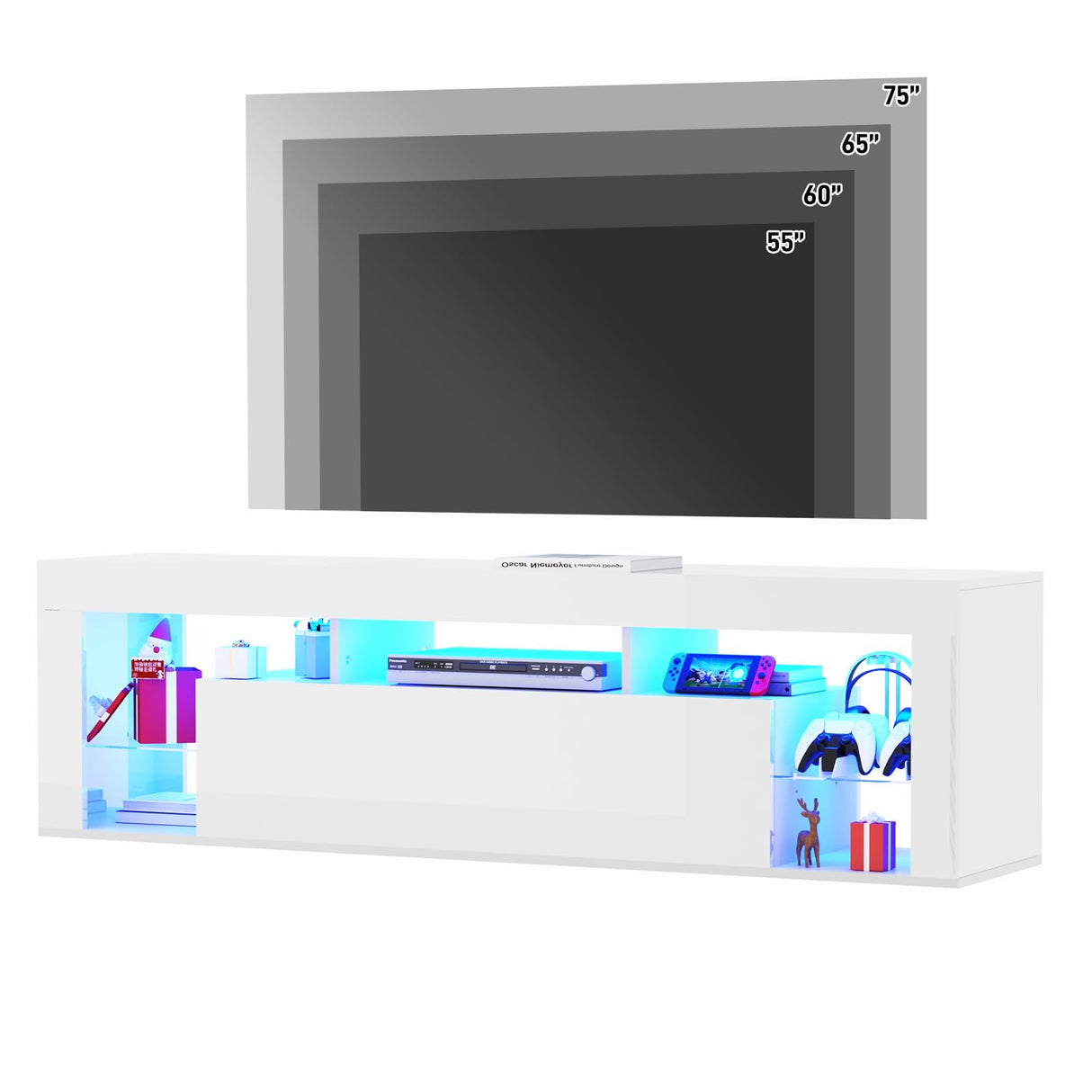 chartustriable 63" Floating High Gloss LED TV Stand for 75" TVs, Wall-Mounted Entertainment Center, Modern Media Console with Open Adjustable Glass Shelf and Hidden Storage Cabinet, White chartustriable