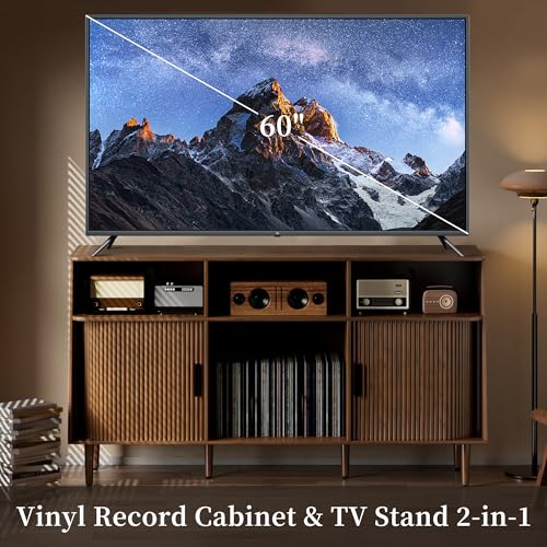 Record Player Stand with Vinyl Storage, Mid Century Modern Vinyl Storage Cabinet with Power Outlet and Sliding Doors, Turntable Stand Table Holds Up to 350 Albums for Living Room (walnut, 55.1"W) tauxkoi