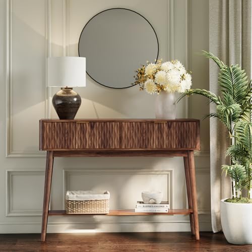 Cooday Console Table with Solid Wood Leg,Fluted Entryway Table with Storage Drawers, Mid-Century Modern Narrow Console Table for Living Room,Hallway,Walnut Cooday