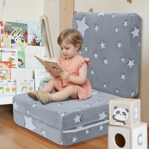 MeMoreCool Glow Star Kids Foldable Floor Mattress Mat with Carry Bag, 3-in-1 Tri-Fold Futon, Soft Plush Glow Cover, Portable for Travel, Grey 63x26 Inch MeMoreCool