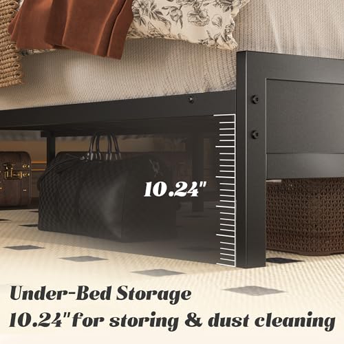 Fluest Queen Bed Frame with Headboard & Footboard, Bed Frame with Built-in Charging Station & LED Light, Storage Shelf, Noise-Free, No Box Spring Needed, Easy Assembly, Classic Black Fluest