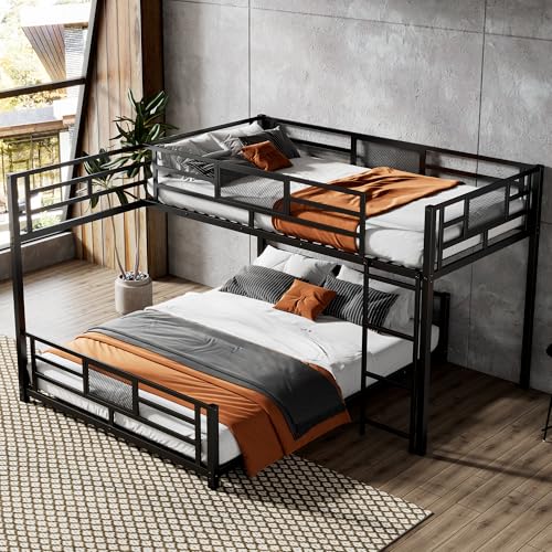 Merax L-Shaped Metal Twin Over Full Size Bunk Bed, with Staircase, Loft Platform Save Space No Box Spring Required, Black Merax