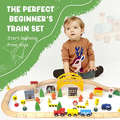 60Pcs Train Set for 3 Year Old Boys, Double-Side Wooden Train Set Tracks for Toddlers, Fits Brio, Thomas, Melissa and Doug, Kids Wood Train Toys for 3 4 5 Year Old Boys and Girls (Yellow) KIDS TOYLAND