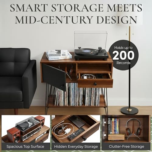 Large Mid Century Modern Record Player Stand with Vinyl Storage Holds Up to 200 Albums - Walnut Console Table for Turntables, Living Room, and Entryway | Record Player Table MAISON LEON