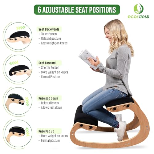 Ecordesk Ergonomic Kneeling Chair, Adjustable Seat - Office Chair for Desk, Posture Corrector, Premium Comfort Cushion, Wooden Rocking Knee Chair (Black) Ecordesk