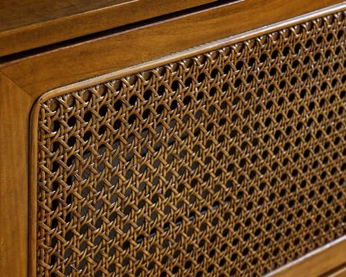 LKTART 59 Inch Mid Century Modern TV Stand with Rattan Cabinet Doors, Entertainment Center for living room Solid Wood Feet Light Wood LKTART