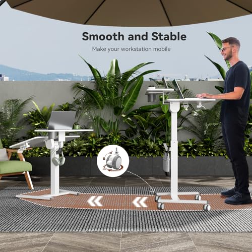 Liftsync 28Inch Mobile Standing Desk On Wheels, Rolling Laptop Stand with Tiltable Desktop, Small Computer Workstation Adjustable Height, 2-Tier Portable Study Table with Storage Shelves, White Liftsync