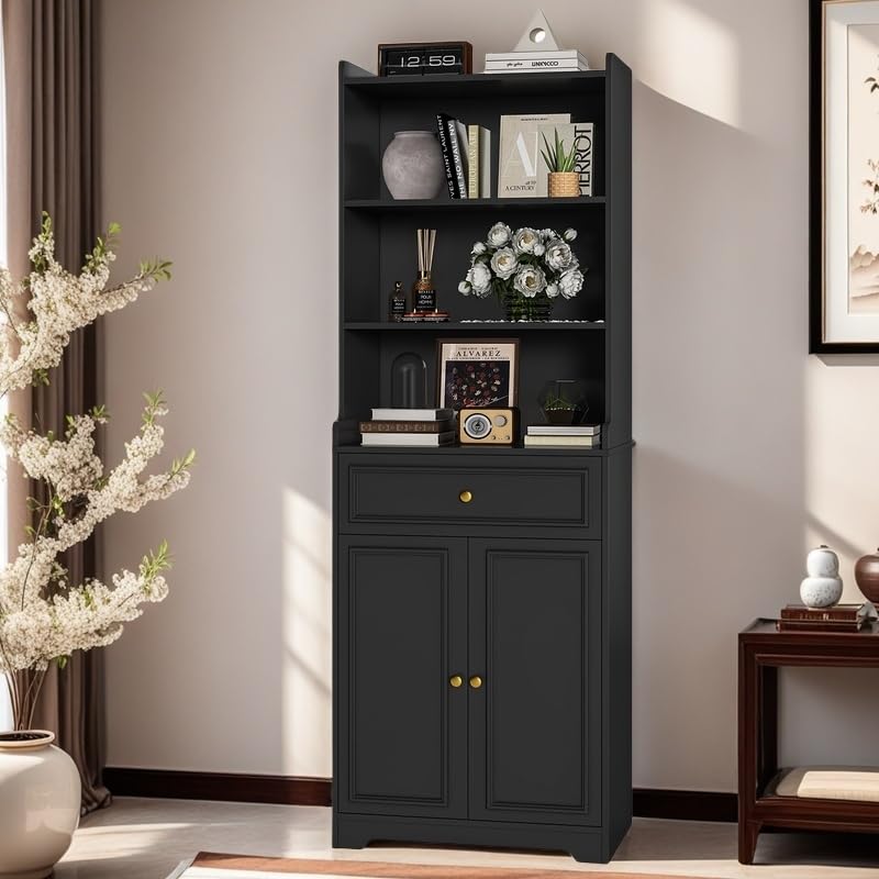 Hasuit Bookshelves and Bookcase with Doors and Drawer & Shelves, 73 in Tall Bookshelf with Storage, Floor Standing 7 Shelf Display Cabinet Bookshelf Storage Cabinet for Home Office, Living Room, Black Hasuit
