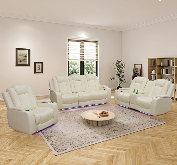 AYCP Furniture Power Recliner Set with LED Lights, Quilted Air Leather Reclining Set with USB Port/Storage/Cup Holder/Reader Light for House/Home Theater/Apt/Rv/Office (Ivory, 3PC Full Set) AYCP Furniture