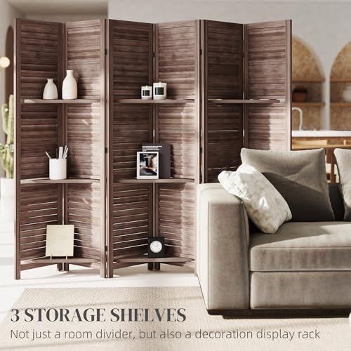 HOMCOM Room Divider, 6 Panel 67" Tall Wood Privacy Screen with 3 Display Shelves, and Folding Storage for Bedroom or Home Office, Walnut HOMCOM