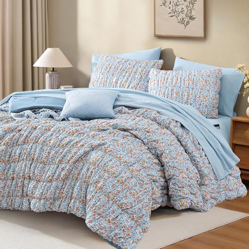 BLOOMHAVEN Queen Comforter Set - 7 Pieces Blue Classic Puff Floral Bedding Sets for All Seasons, Shabby Chic Farmhouse Bed in a Bag Queen with Wildflowers Fluffy Comforter, Sheets, Pillowcases & Shams BLOOMHAVEN