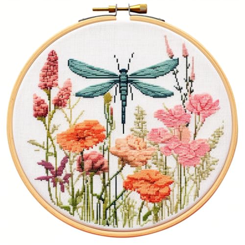 Dragonfly and Wild Flowers Stamped Cross Stitch Kits for Beginners Easy with Hoop 11CT Needlepoint Embroidery DIY Counted Cross Stitch Kits Art Craft Wall Decor 35x35cm(2)