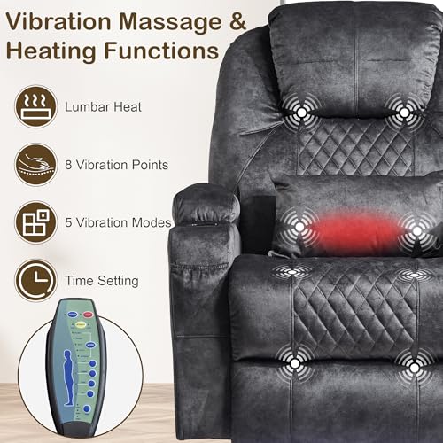 IBTKIG Power Recliner Chair with Massage and Heat, Electric Recliners with LED Lights/Lumbar Pillow/Cup Holders/Side Pocket/USB Port, Home Theater Seating for Living Room(1, Velvet Gray)