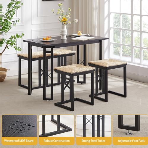 VECELO 43.3" Kitchen & Dining Table Set for 4, Rustic Farmhouse Style with 2 Benches and Wicker Cushions, Compact Metal Frame with Adjustable Foot Pads, Black VECELO
