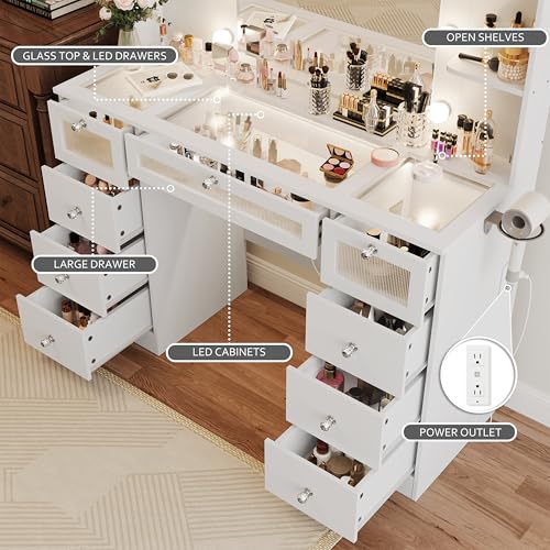 VQRhome White Vanity with Lighted 23.5” Mirror, Glass Top Vanity Desk with 9 Drawers & 3 Color Hollywood Bulbs & 4 Shelves & Acrylic & Power Outlet, Makeup Desk Dressing Table for Bedroom VQRhome