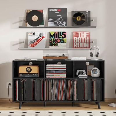 Oubayajia Large Record Player Stand, Vinyl Record Storage Holder, Record Player Table with Power Outlet, Record Storage Turntable Stand Record Stand Table (BLACK, 55.11''W)