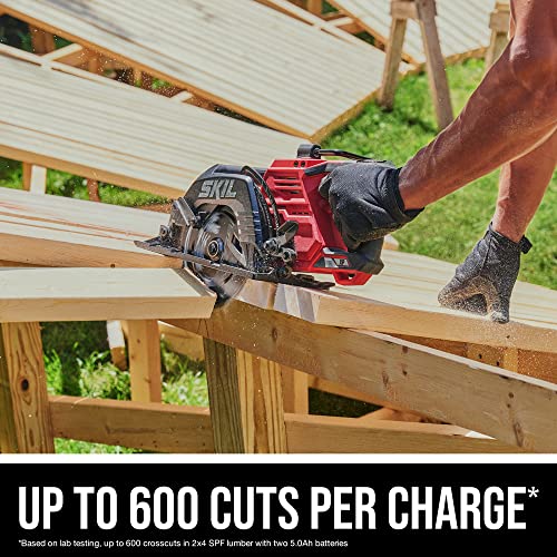 SKIL 2x20V PWR CORE 20 Brushless 7-1/4” Rear Handle Circular Saw Kit Includes Two 5.0Ah Batteries and Dual Port Auto PWR Jump Charger-CR5429B-20, Red Skil