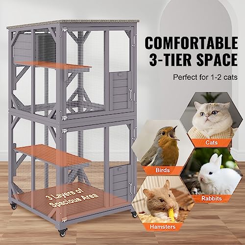 VEVOR 3-Tier Cat Playpen Catio with Wheels, Resting Box, Waterproof Roof, Windows & Doors, Removable Tray VEVOR