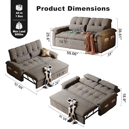 Vakdle Loveseat Convertible Sofa Bed, Pull-Out futon Couch,3 in 1 Sleeper Bed with Reclining Backrest and Storage for Bedroom Living Room Apartment (Grey, 47.24") Vakdle
