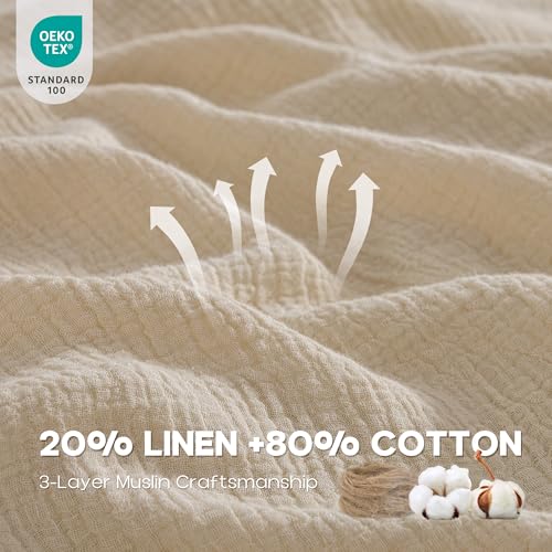 Simple&Opulence Linen Muslin Duvet Cover Set Queen Size, 3Pcs Khaki Linen Cotton 3-Layer Gauze Minimalist Comforter Cover 88”x92”, Ultra Soft Breathable Seersucker Bedding Set with 2 Pillowcases Simple&Opulence