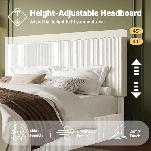 Allewie King Bed Frame, Upholstered Platform Bed, Adjustable Vertical Channel Tufted Headboard, Corduroy Fabric, Modern Low Profile, Wooden Slats, No Box Spring Needed, Easy Assembly, White Allewie