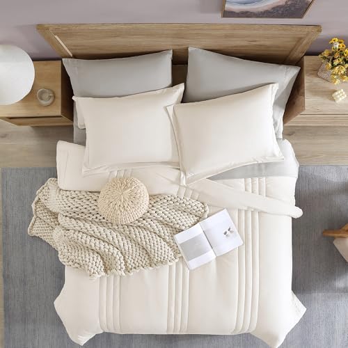 Monbix King Size Comforter Set - 7 Pieces Bed in a Bag King, Snow White Bedding Sets with Comforter, All Seasons Comforter Bed Set with Sheets, Pillowcases & Shams Monbix