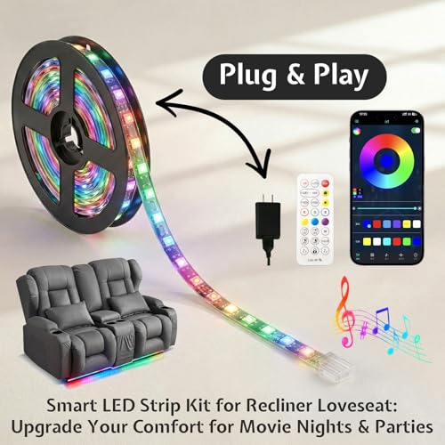 Loveseat Recliner Sofa with DIY LED Lights,RV Wall Hugger Recliners for Small Spaces,Fabric Reclining Loveseat Sofa Recliner with Smart LED Lights/Cup Holders/Lumbar Pillows,RV Furniture,Dark Gray
