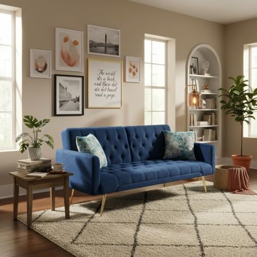 Trygoal Futon Sofa Bed, Convertible Futon Couch with Adjustable Backrest, 68.31” Folding Sofa Bed with 2 Pillows & Metal Legs, Sleeper Loveseat with Armrest for Home Office, Blue Trygoal