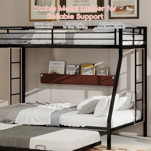 AiHMEi Twin XL Over Queen Bunk Bed with Trundle, Heavy Duty Metal Bunk Bed Frame with 2 Ladders and Full-Length Guardrail, Space-Saving Bunk Beds for Kids Teens Adults, No Box Spring Needed, Black AiHMEi
