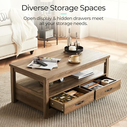 LINSY HOME Farmhouse Coffee Table with Storage, Wood Coffee Table for Living Room, Open Display Area and Storage Drawers with Metal Handles, Chic Style with Curved Base. Brown LINSY HOME