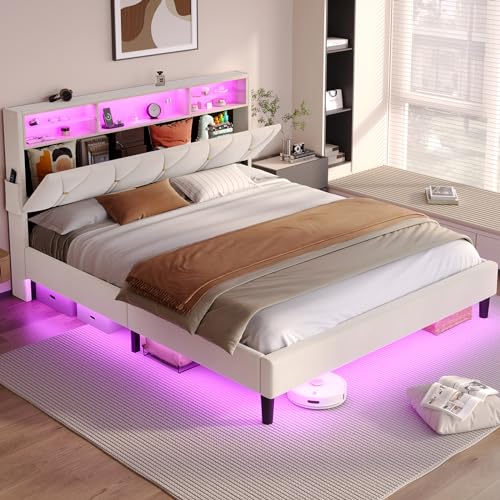 BTHFST Full Size Bed Frame with Headboard Storage & LED Lights, Platform Bed Frame Full Size with Charging Station, Velvet Upholstered Bed with Shelf Headboard, No Box Spring Needed, Creamy White BTHFST