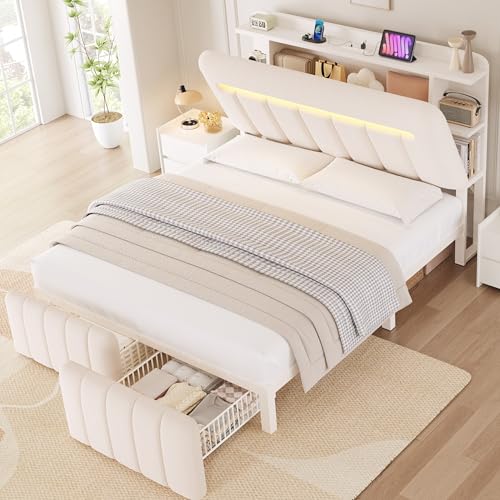 Jocoevol Full Size Bed Frame with Storage Headboard,Upholstered White Bed Frame Full with Storage Drawers and Charging Station,Velvet Platform Metal Bed, Noise-Free No Box Spring Needed Jocoevol