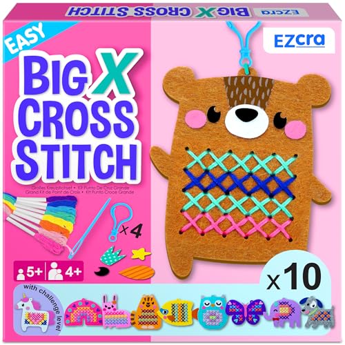 EZCRA Beginner Needlepoint Cross Stitch Kit for Kids Ages 5-8 – Easy Embroidery Starter Set with Jumbo Plastic Needles, Pre-Printed Patterns, Instructions – DIY Arts & Crafts for Girls & Boys