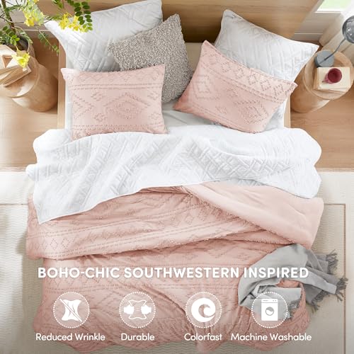 Comfort Spaces Comforter for Queen Size Bed, Geometric Diamond Tufted Boho Comforter Set Queen, All Season Lightweight Bedding Set, Matching Sham, Full/Queen Pink 3 Piece Comfort Spaces