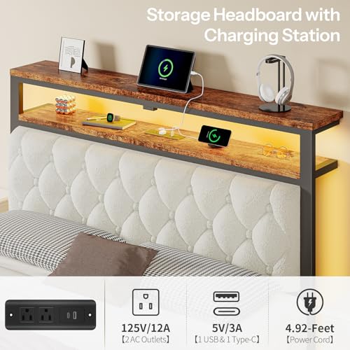 ChicZhiNest Queen Floating Bed Frame with Headboard, LED Floating Bed Frames with Charging Station and Upholstered Backrest, Storage Shelf, No Box Spring Needed, Easy Assembly, Noise-Free, Black ChicZhiNest