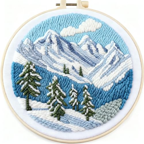 DIY Punch Needle Kits Snow Mountains Scene Easy for Beginners Starter Set with Hoop Needlepoint Embroidery Craft Hobby and Home Decor 20x20cm