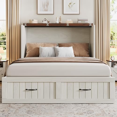 DWVO Full Size Murphy Bed with Charging Station, Cabinet Bed with Large Storage Drawer, Farmhouse Multi-Functional Murphy Cabinet Bed Frame for Bedroom or Guest Room, Noise-Free, Rustic White DWVO