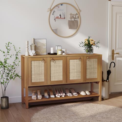 LubanNese 55" Rattan Sofa Console Table, Boho Wood Entryway Storage Cabinet with 4 Doors & Adjustable Shelf, Multifunctional Coffee Bar Sideboard Buffet for Kitchen, Dining Room, Living Room LubanNese