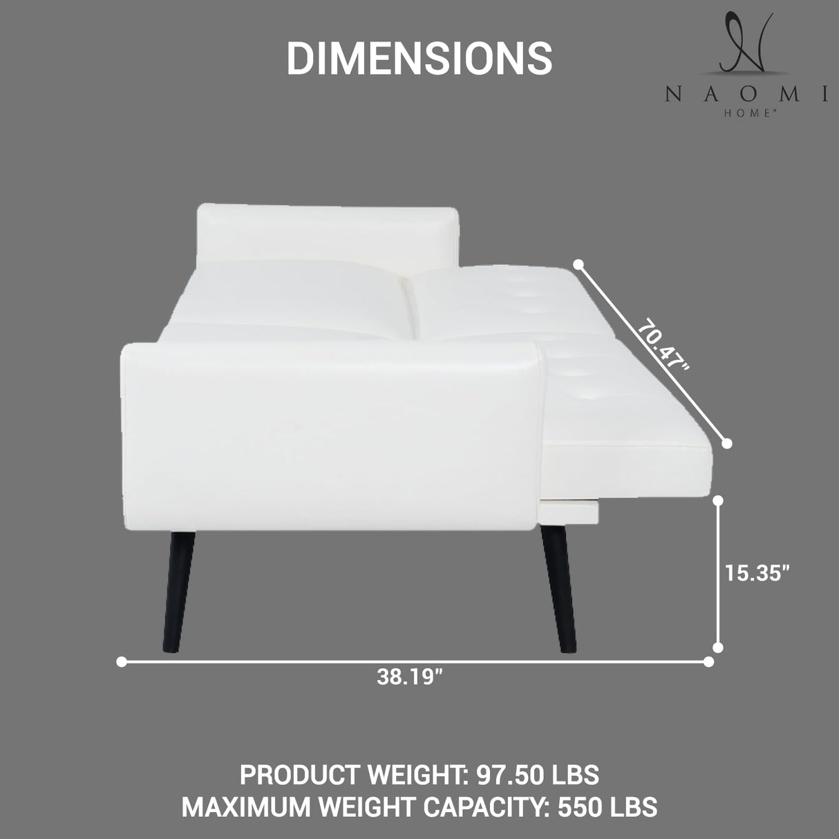 Naomi Home Monica Leather Futon Sofa, Convertible Couch Bed, Split Back Premium air Leather Sleeper Couch Sofa for Living Room, Mid Century Modern Fold Out Couch Bed with Tapered Legs - White Naomi Home
