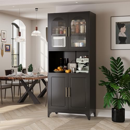 Kubohogar 75" Tall Kitchen Pantry Cabinet, Metal Storage Cabinets with Acrylic Doors and Adjustable Shelves, Hutch Cabinet with Storage, Black Microwave Stand Cabinets for Dining Living Room Kubohogar