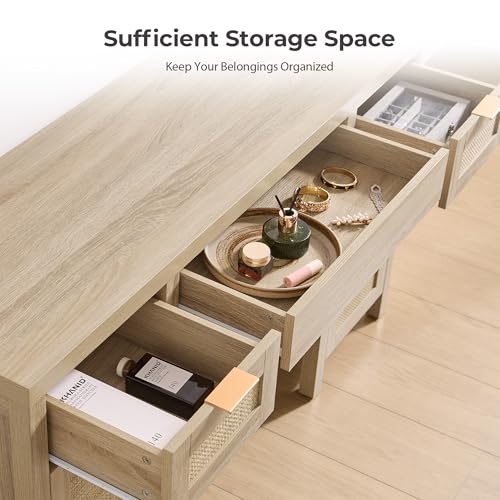SICOTAS Rattan Vanity Home Office Desk - 52" Large Farmhouse Boho Makeup Vanity Dressing Table with 3 Drawers & 2 Storage Cabinets, Vanities Desk for Makeup Room, Bedroom, Home Office, Light Oak SICOTAS
