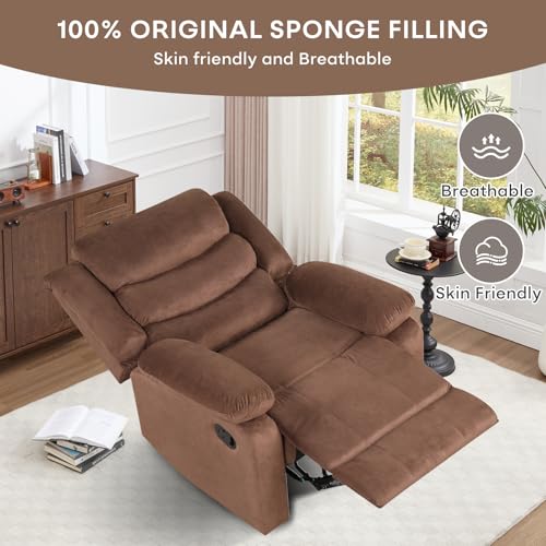CANMOV Manual Recliner Chair for Adults, Upholstered Fabric Sofa Chair with Overstuffed Arms and Back, Manual Single Sofa for Living Room & Bedroom, Brown