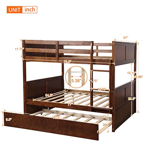 NC Full Over Full Wood Bunk Bed with Twin Trundle Bed and Removal Ladder and Safety Rail, Can be Divided into 2 Beds, Walnut N\C