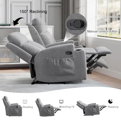 CANMOV Manual Recliner Chair with Massage & Heat,Soft Fabric Recliner Chair with Overstuffed Armrest & Backrest, Manual Reclining Single Sofa with 2 Cup Holders, Side Pocket for Living Room,Light Grey