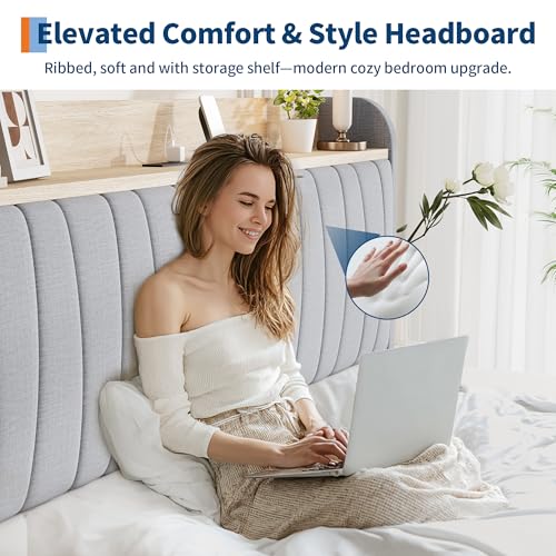GarveeHome Upholstered Bed Frame with Storage Headboard and Charging Station, Platform Bed Frame with Drawers, Heavy Duty, No Box Spring Needed, Easy Assembly, Grey, Full Size GarveeHome