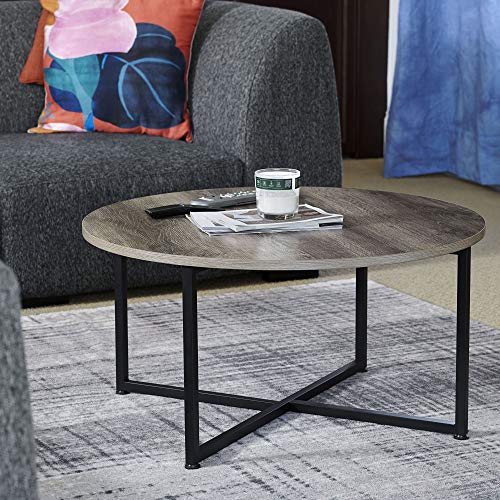 Household Essentials Jamestown Round Coffee Table Ashwood Rustic Wood Grain and Black Metal 31.5 x 31.5, Taupe Household Essentials