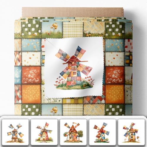 Patchwork Fabric Panel with Windmill Designs β 100% Cotton Satin, 6 Printed Panels 10βΓ10β + Patchwork Sheet 29.5βΓ19.7β, Single Continuous Cloth for Quilting & Sewing Fabricstown