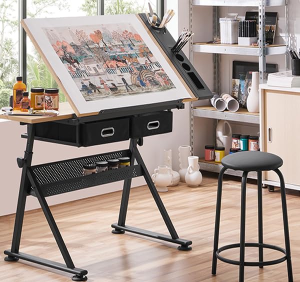 Height Adjustable Drafting Table,0-75° Art Craft Desk Drawing Table Artist Desk Tilting Tabletop Watercolor Paintings Sketching Work Station w/2 Storage Drawers and Stool for Home Office Oak CuisinSmart